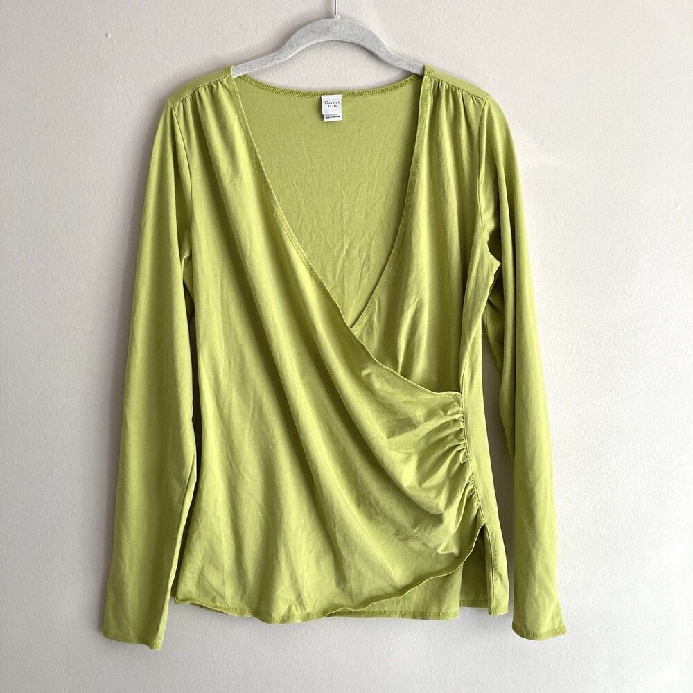 Garnet Hill Top Size Small Green Faux Wrap Long Sleeve Ruched V-Neck Fitted